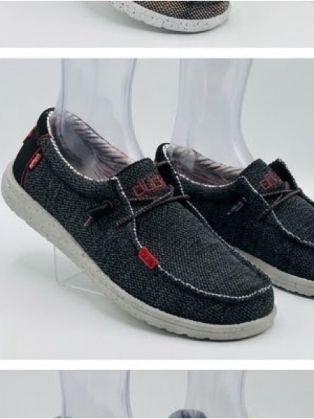 Hey Dude Black Knit Slip-On Loafers with Red Accents